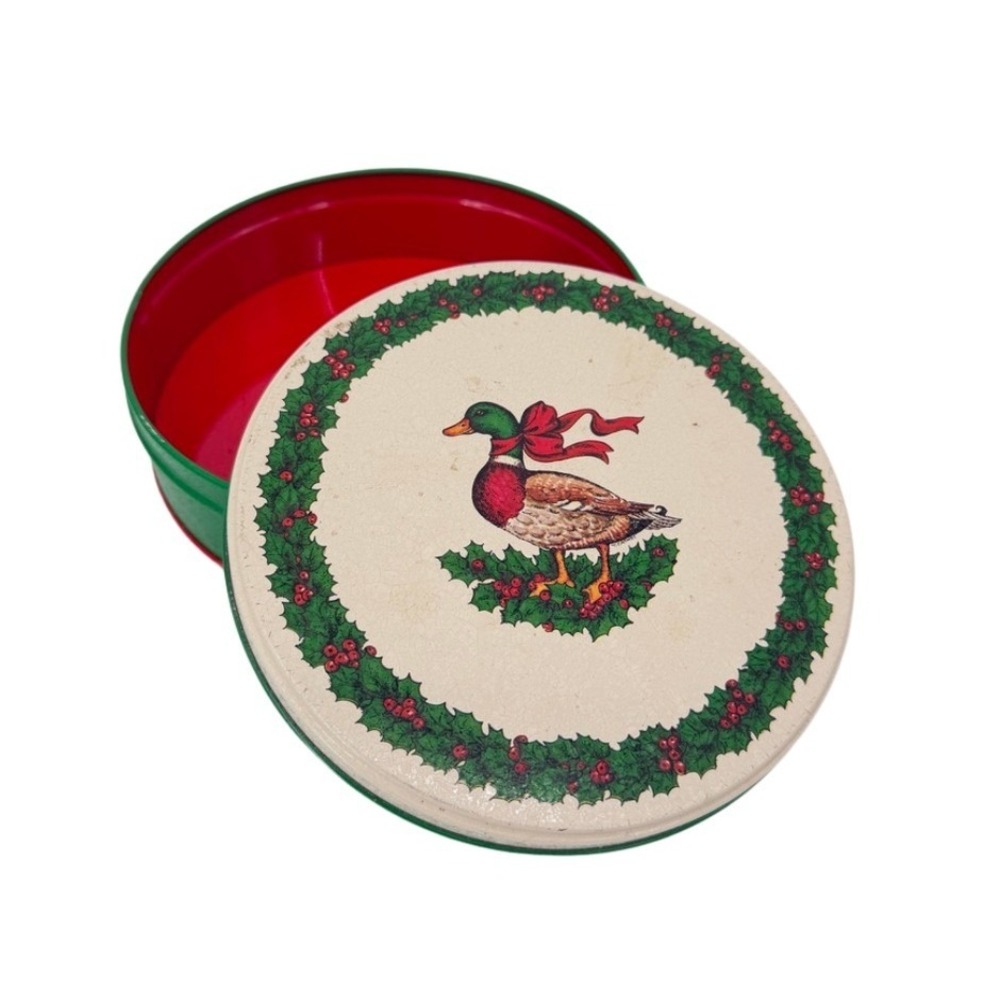 Potpourri Press Tin Mallard Duck Christmas Holiday Holly VTG Decor 1987 Round